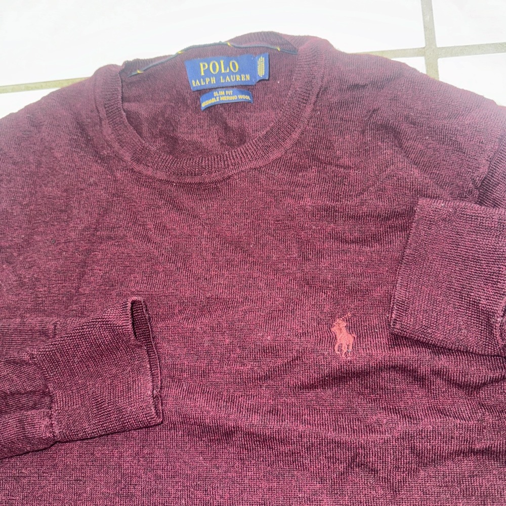 Polo Ralph Lauren Merino Wool Slim Fit Burgundy Long Sleeve Sweater L Washable